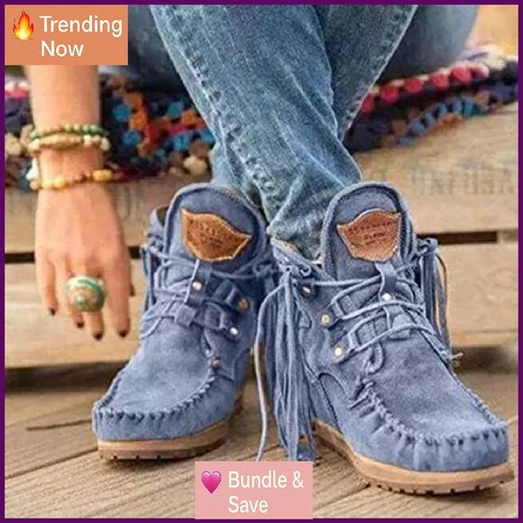 Vintage Fringed Ankle Boots, Lightweight Suede, Round Toe, 3cm Heel - Picture 6 of 8